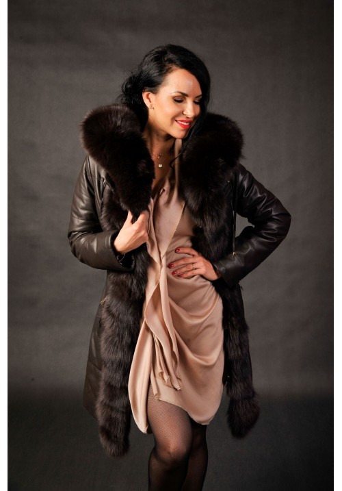 Dámsky kožený kabát s pravou kožušinou FL1 brown